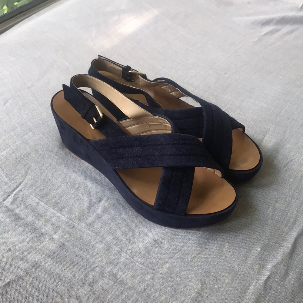 J. Crew Navy Suede Crisscross Slingback Wedge Sandals